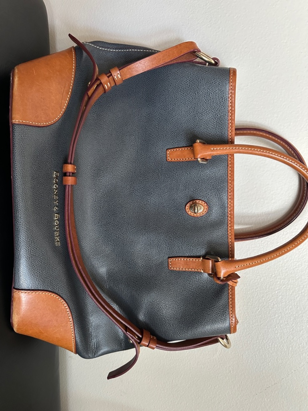 Dooney & Bourke Navy Pebble Leather Satchel with Tan Trim